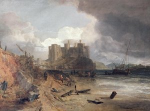 Coast Scene with White Cliffs and Boats on Shore