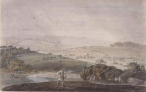 A Farmer Sowing, with a River Valley and Rolling Hills Beyond, c.1795