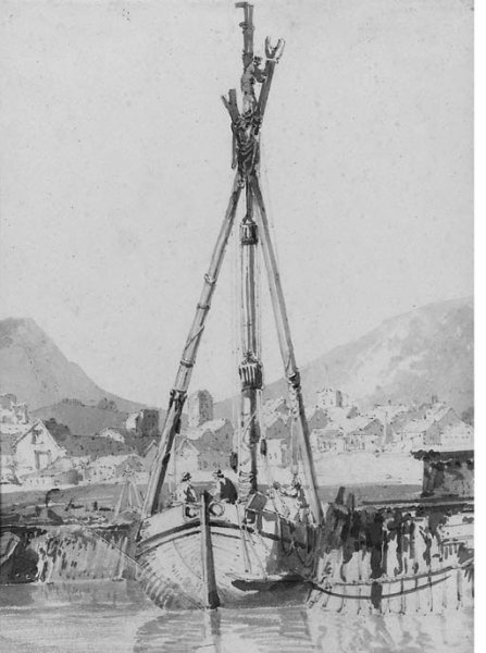 Figures on a fishing vessel in Dover harbour, at low tide