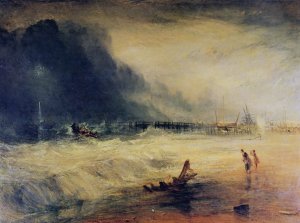 Lifeboat and Manby Apparatus going off to a stranded vessel making signal blue lights of distress , c.1831